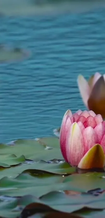 Mobile wallpaper of pink water lilies on a blue pond surface.