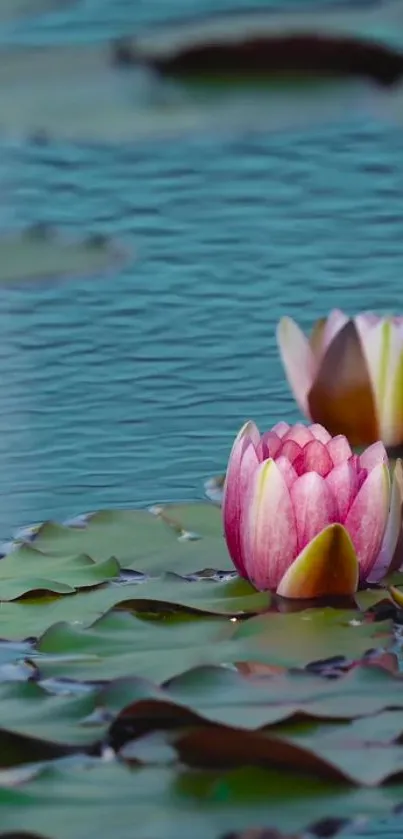 Pink water lily on calm blue water, creating a serene mobile wallpaper design.