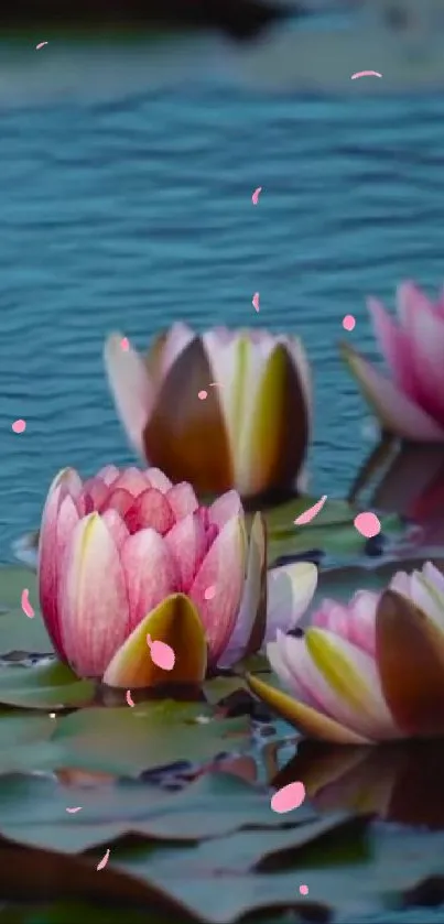 Tranquil pink water lilies floating on a serene blue pond.