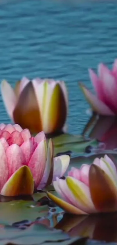 Mobile wallpaper featuring pink water lilies on a serene blue pond.