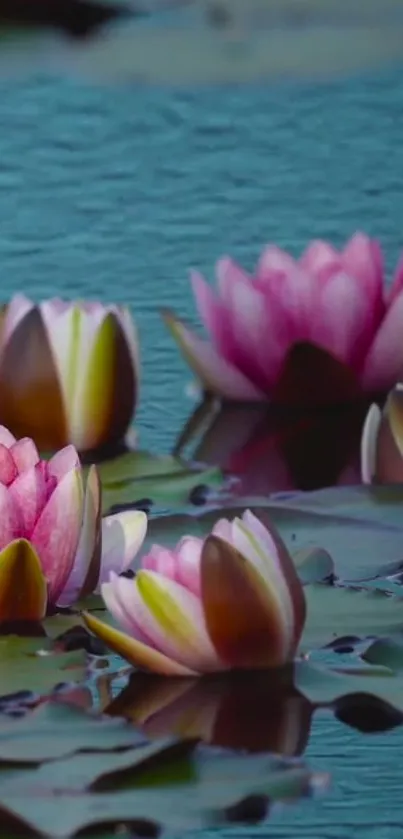 Water lilies floating on a serene pond with teal blue water and pink blossoms.