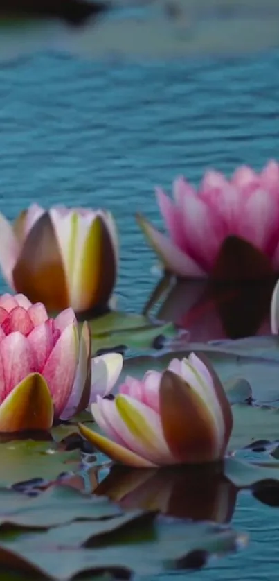 Mobile wallpaper with serene pink water lilies on green pads.