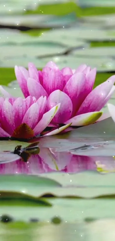 Pink water lilies on a serene pond with green lily pads.