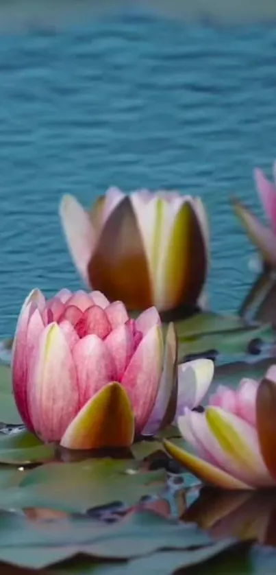 Tranquil pink water lilies on a blue pond.