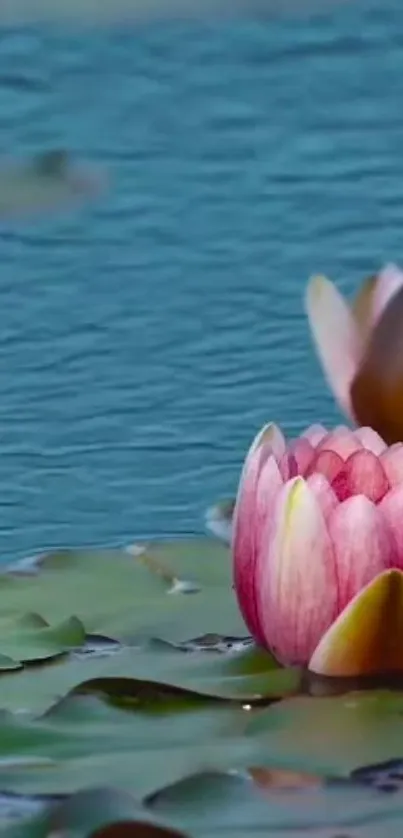 Serene water lily on a blue pond wallpaper