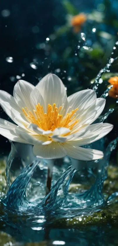 White water lily with splashing water on a dark blue background.