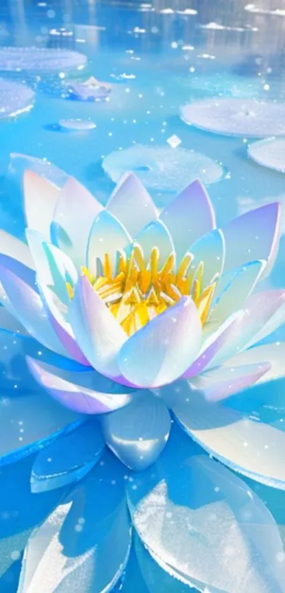 A serene water lily with blue and white petals floating on calm water.