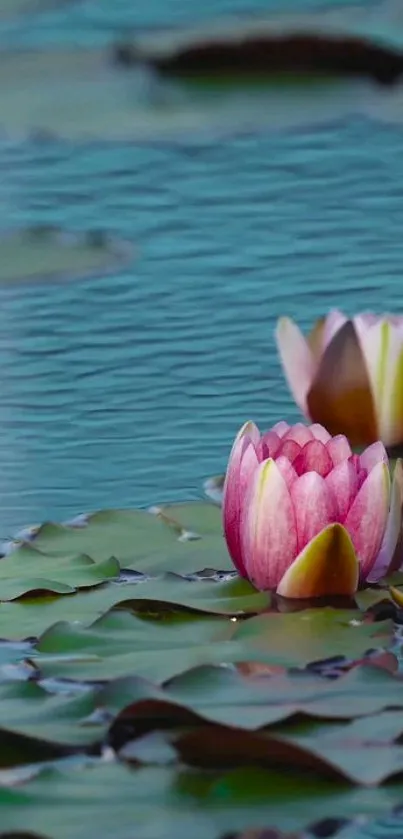 Serene mobile wallpaper with pink water lilies on blue waters.