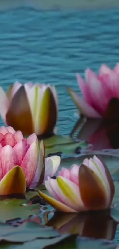 Tranquil water with pink lotus flowers floating gracefully.