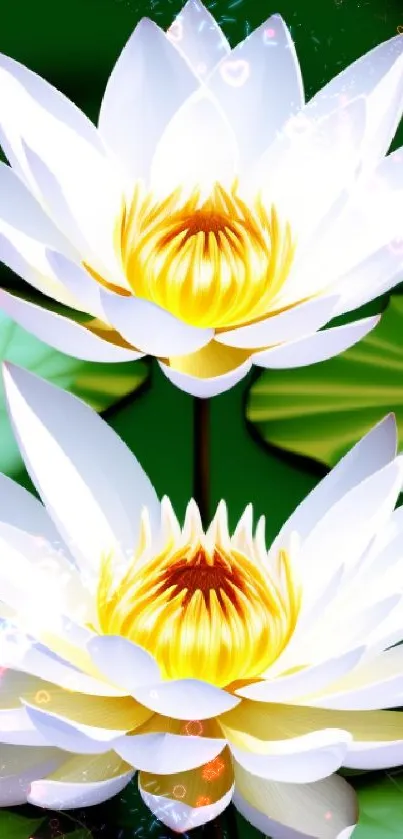 Serene white water lilies with green leaves wallpaper.