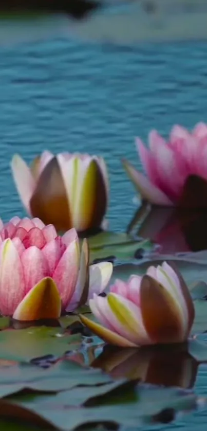 Serene wallpaper with pink water lilies and green leaves on a tranquil pond.