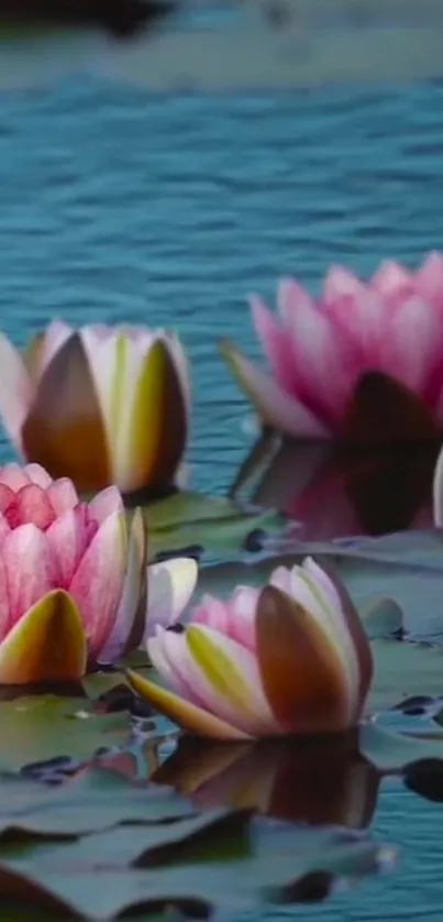 Pink water lilies gracefully floating on a blue pond.