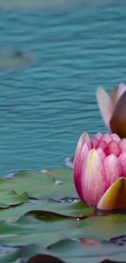 Water lily on a serene teal pond backdrop.