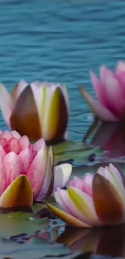 Serene water lily wallpaper with pink blooms and tranquil water reflections.