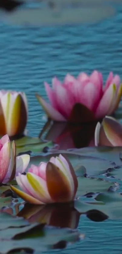 A serene scene with pink water lilies on calm blue water.