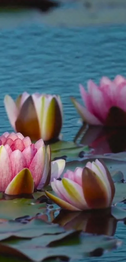 Pink water lilies on a tranquil blue pond.