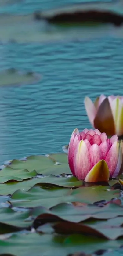 Serene water lily pond wallpaper with teal waters.