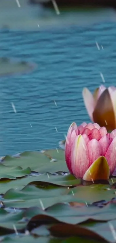 Serene wallpaper of pink water lilies and raindrops on a tranquil pond.