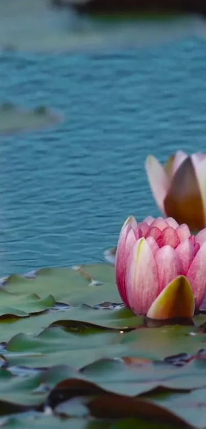 Tranquil water lily wallpaper with pink blooms and green pads on blue water.