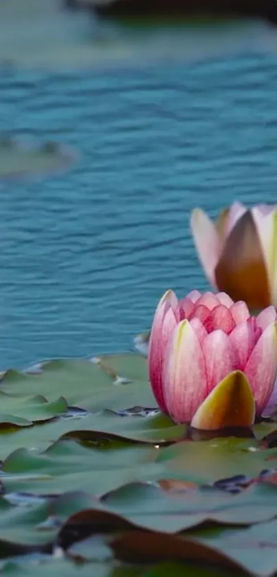 Pink water lilies floating on a serene blue pond.