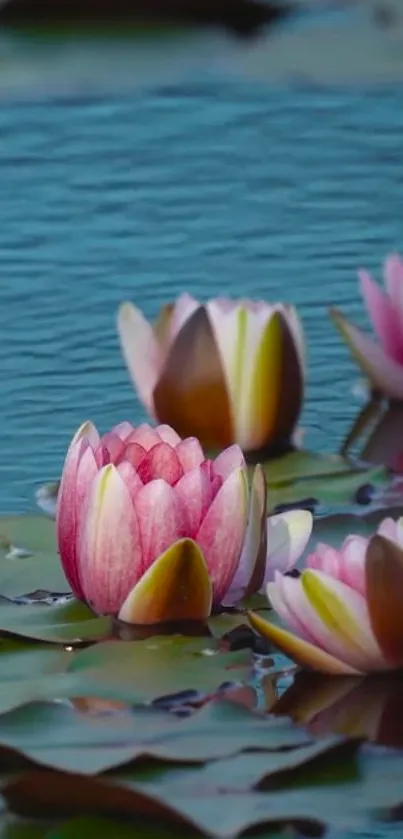 Blooming water lilies on a serene blue pond, creating a tranquil mobile wallpaper.