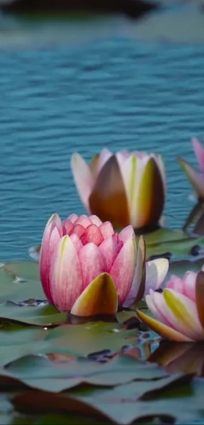 Serene water lilies floating on a tranquil blue pond.