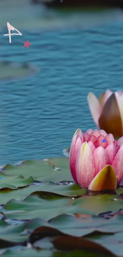 Serene water lily wallpaper with pink flowers on a blue pond.