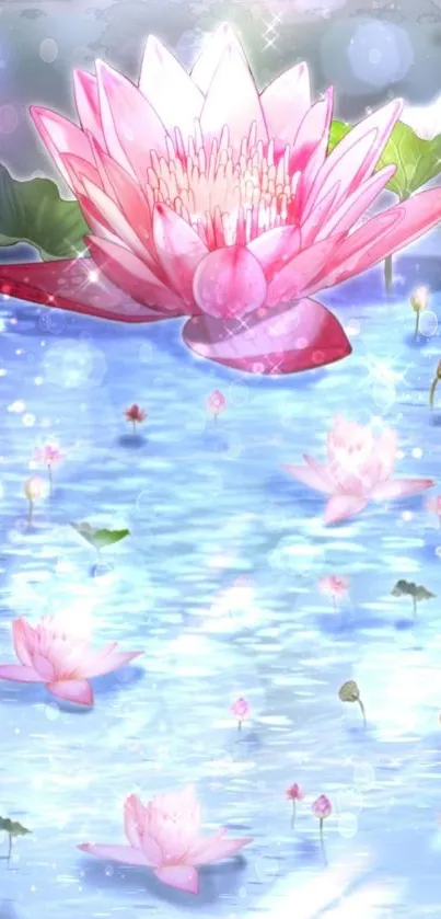 Elegant pink water lily floating on a serene clear lake.