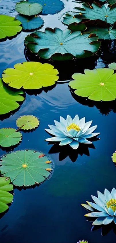 Tranquil water lily pond with green lily pads and blue flowers.