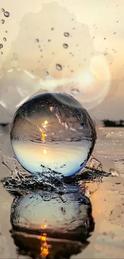 A reflective sphere capturing sunset hues on water.