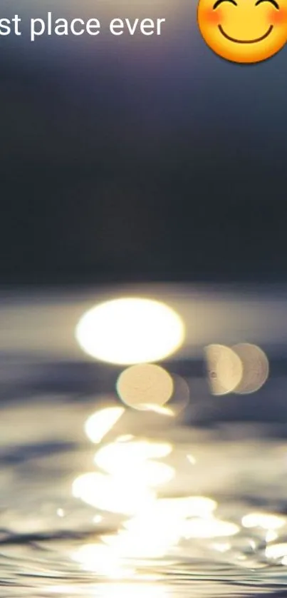 Serene bokeh light on water with cheerful emoji.