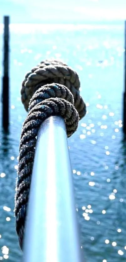 Rope over sparkling blue water with reflection.