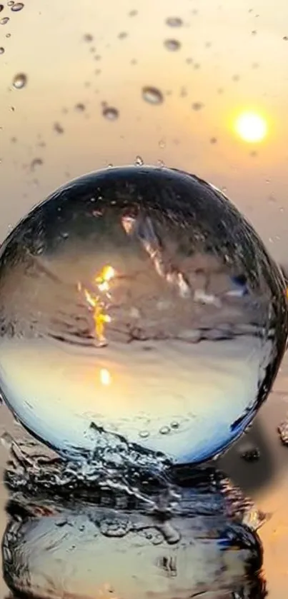 Crystal clear water sphere reflecting sunset over a tranquil water scene.