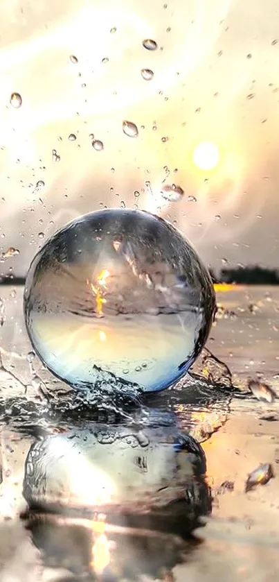 A crystal sphere splashing in water at sunset with a serene sky.