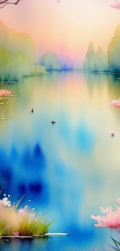 Serene watercolor lake with pink blossoms and greenery.