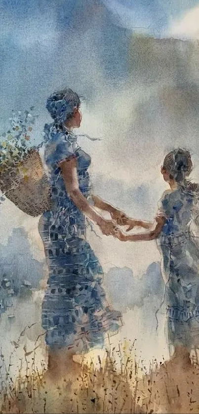 Watercolor painting of a mother and child in a serene natural setting.