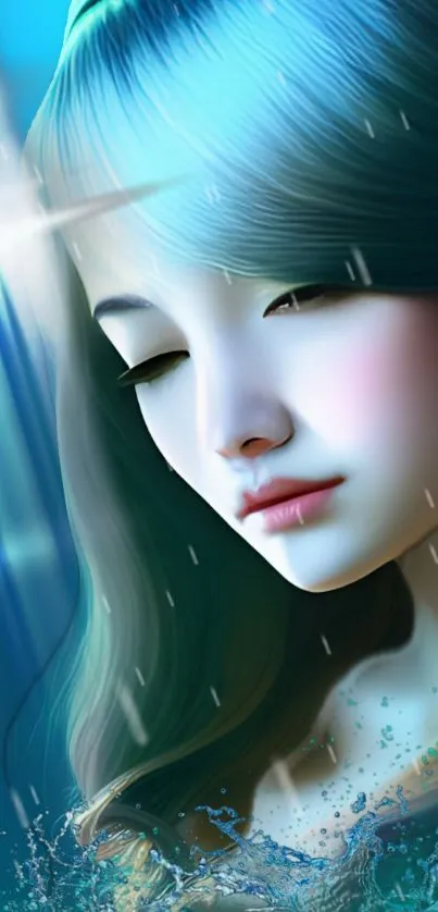 Artistic portrait wallpaper with a serene girl in blue hues and rain.