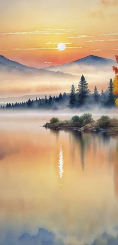 Serene watercolor sunset landscape with misty lake and autumn trees.