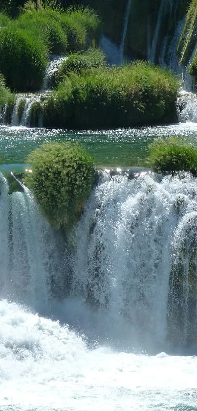 A stunning waterfall in a lush green forest.