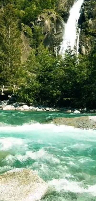 Waterfall and turquoise river in lush forest setting.