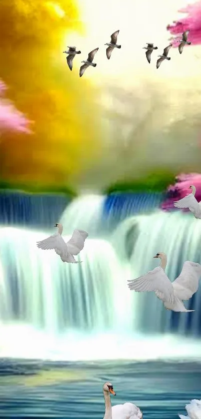 Serene waterfall with flying swans and vibrant colors.