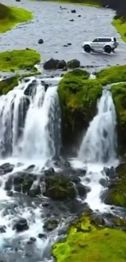 Adventure vehicle parked near a scenic waterfall amidst lush green landscapes.