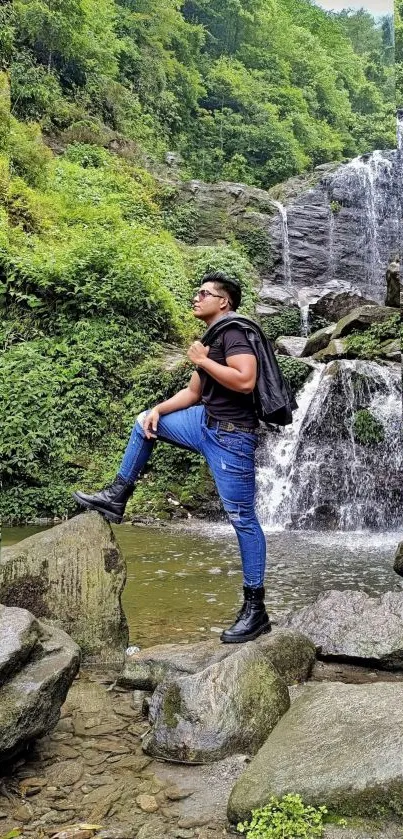 Man explores lush waterfall scenery with greenery.