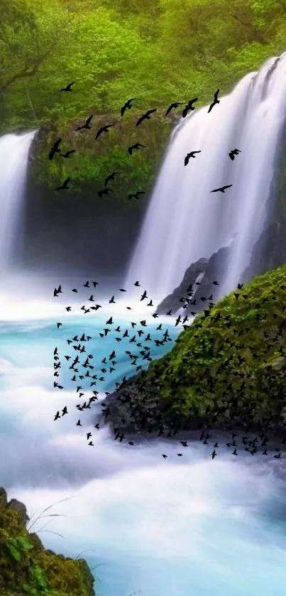 Waterfall with birds in a lush green forest setting.