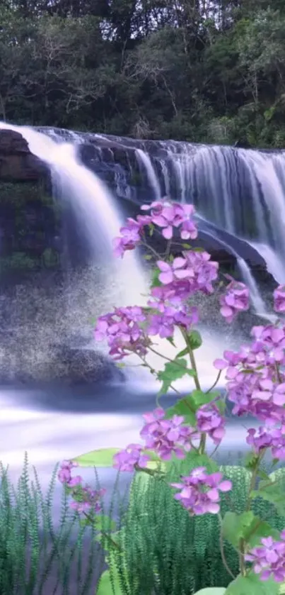 Serene waterfall with purple blossoms in the foreground.