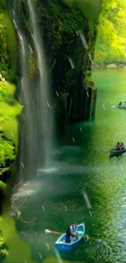 Canoes gliding through lush green canyon with a serene waterfall.