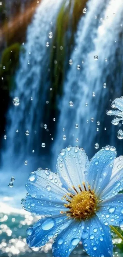 Serene waterfall with blue flowers in foreground.
