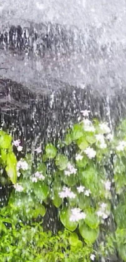 Waterfall over lush green leaves and flowers creating a serene mobile wallpaper.