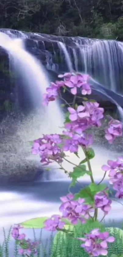 Waterfall with vibrant purple flowers in a serene natural setting.