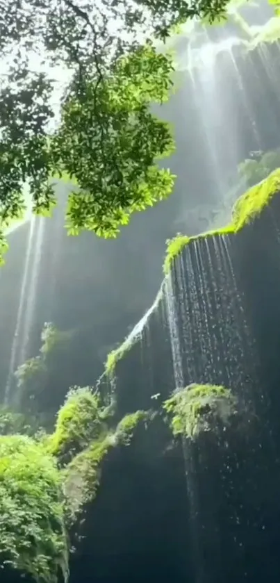 Waterfall cascading over green cliffs under sunlit leaves.